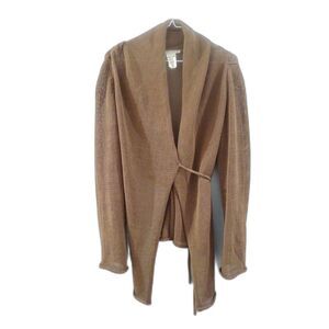 Sarah Pacini Linen Blend Tie Front High Slit Knit Cardigan - Brown O/S